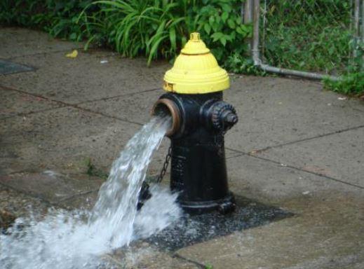 A fire hydrant open with water pouring out; being flushed