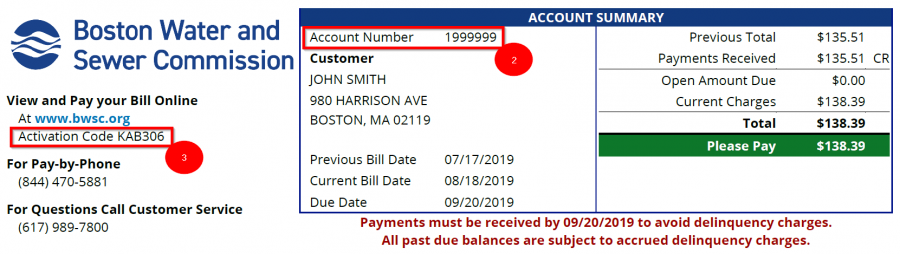 An image of our new bill with emphasis on the new account number and the new activation code.