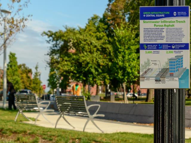 A sign for Green Infrastructure in front of a park-like setting